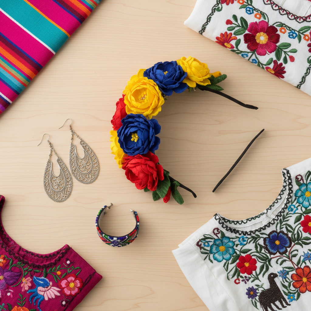 An elegant flat lay of Mexican women’s accessories carefully arranged on a smooth, light wood surface. At the center, a brightly embroidered headpiece with multicolored fabric flowers in crimson, yellow, and cobalt blue sits beside a pair of silver filigree earrings and a woven bracelet with tiny glass beads in traditional patterns. Around the edges, folded fragments of embroidered blouses and a corner of a colorful rebozo peek into frame, adding texture and color. Soft, overhead studio lighting creates even illumination with subtle, soft-edged shadows that give depth without distraction. Shot directly from above with crisp focus across the entire image, the composition feels organized, stylish, and professional, perfect for showcasing curated Mexican accessories in a modern boutique context.